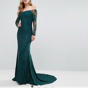 Hunters green, long sleeve lace gown with train
